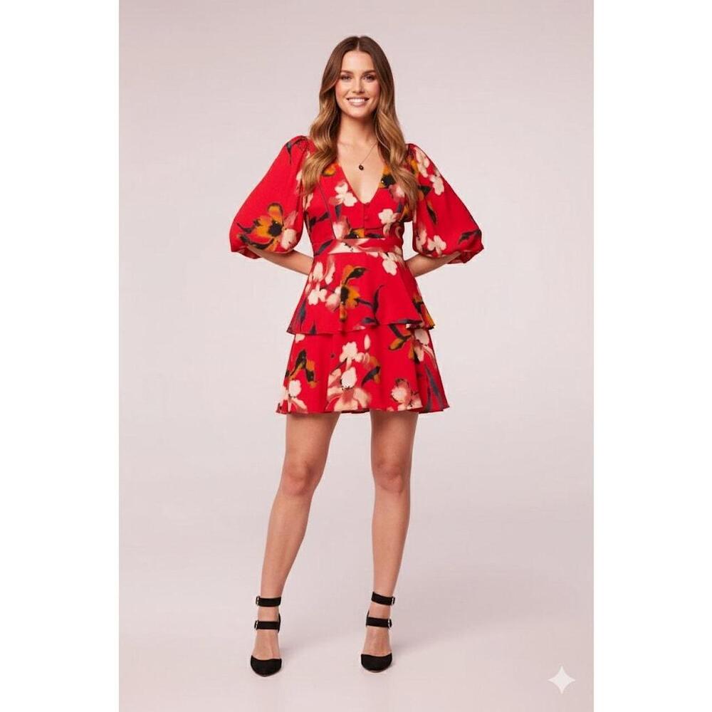 Band of the Free Dolly Red Floral Puff Sleeve Mini Dress